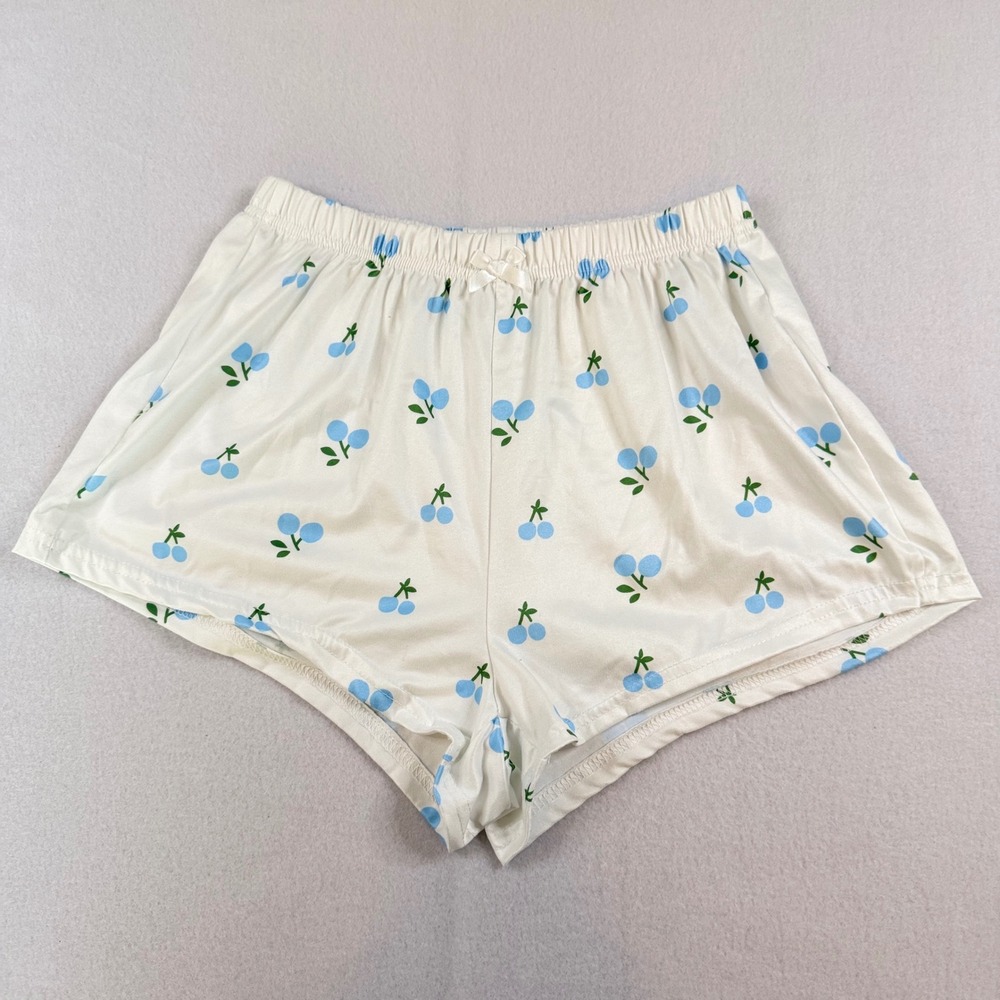 Womens Blue Cherry Print Pajama Shorts White Elastic Waist Sleep Bottoms Size M